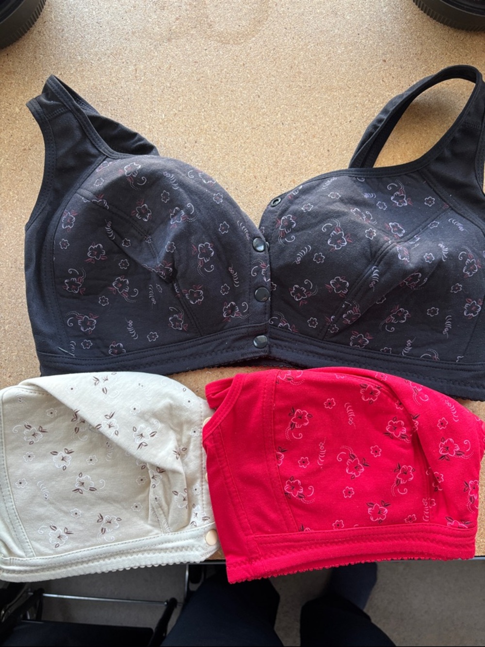 3-Pack Floral Print Bras - Black, Red, Cream